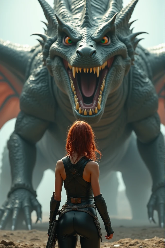 Create a realistic image of a slim young woman, Wide hips, medium bust, proportionate and athletic body, dressed in black, warrior, with wavy hair and reddish hair color, thesis clara, green eyes, standing in front of a large dragon crouching its open trunk about to roar standing in front of the girl.