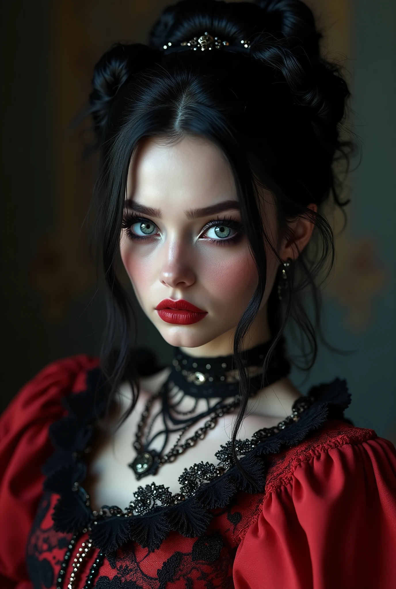 (masterpiece, photorealistic:1.4, extremely intricate:1.3), (photon mapping, radiosity, physically based rendering, ultra resolution, hyper-realistic, 8K), black hair updo goth girl, blackout eyeshadow, 19 teenage supermodel, high collar renaissance red lace dress, black lips, black collar, chains, bright blue eyes