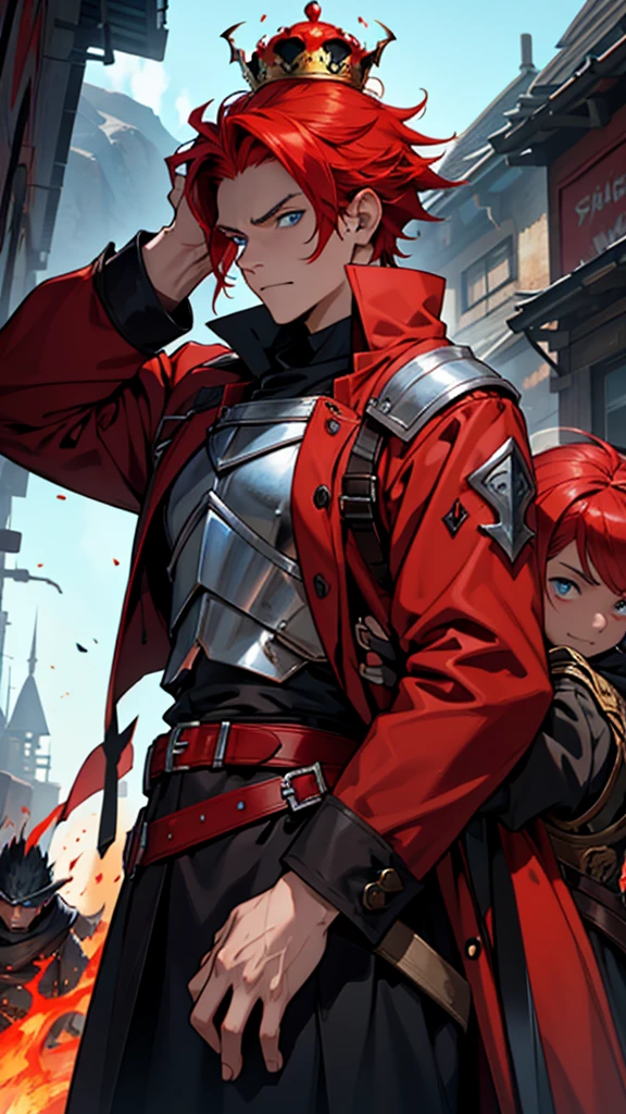 demon boy, with blue eyes, red hair color, Her skin is like volcanic magman, wearing a long trench coat and a mail breastplate, On his back he carries a sword, Their giants have iron beaks, and on his head a crown that worthy of being the supreme king