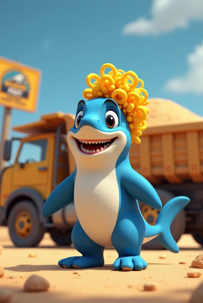 an animated shark in blue and white colors with curly corn-yellow hair near a truck carrying sand to a logo written at the top SAND PORT and at the bottom SHARK