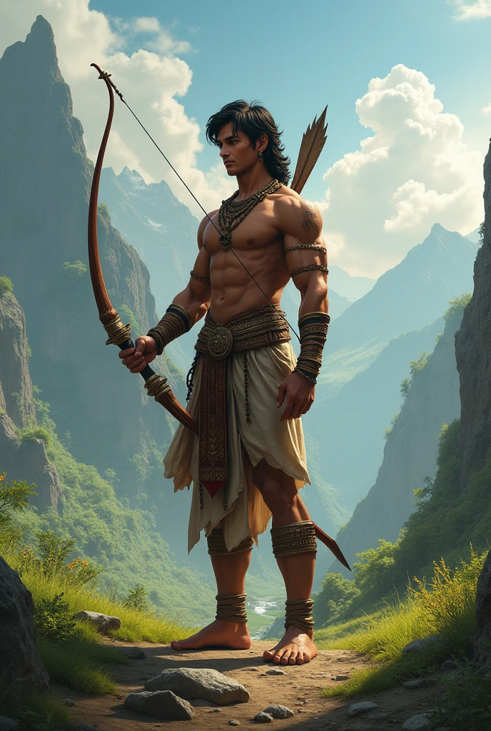 A mythologies character young king ekalavya standing with bow and arrow with fit body