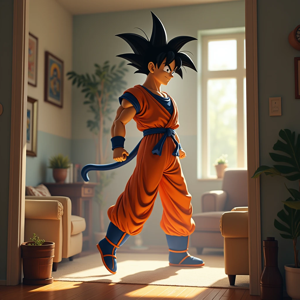 Draw Goku in the room walking on the wall