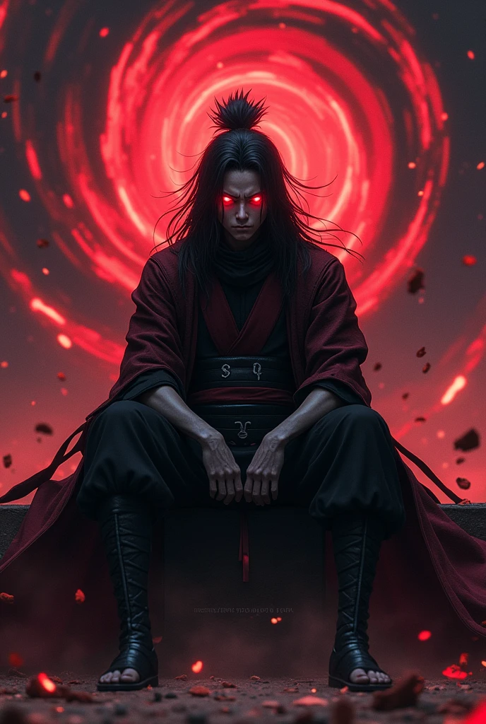 "A dynamic and intense image of Madara Uchiha from the anime Naruto Shippuden. He is sitting in a powerful, menacing pose with his legs crossed and his arms resting on his knees. Madara is wearing his traditional black and red samurai-like armor. His Rinnegan and Sharingan eyes are glowing with energy, creating an ominous and powerful aura around him. Behind him, a large, swirling vortex of red and black energy fills the background, adding a sense of chaos and power. The overall color scheme is dark, with strong contrasts of red, black, and white, and there are energy sparks and debris around him, emphasizing the intensity of the scene. The lighting is dramatic, highlighting Madara's face and armor, with shadows enhancing his fierce expression."