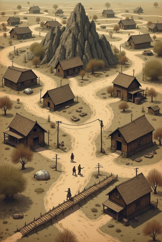 Prompt:
A detailed hand-drawn style map of the town of Craw Valley. Craw vally is a Huge towm with a lot of houses and buildings The town should include the following key locations:
1. **Town Church**: Located in the center of the town, an old building under construction.
2. **Sinner Man's Mansion**: Positioned on top of a mountain, overlooking the town, large and imposing.
3. **Tavern**: Near the center, a place where townsfolk gather, owned by Maria's father.
4. **Farms**: Scattered around the outskirts of the town, representing the hard work of the inhabitants.
5. **Houses**: Humble and worn, spread throughout the town.
6. **Town Bank**: A small but important building near the center.
7. **Medical Office**: Centrally located, modest and essential for the town's health.
8. **Bars**: Several bars scattered around the town, places for socializing.
9. **Market**: In a central plaza, where vendors sell their goods.
10. **Sheriff's Office**: A small building near the center, symbolizing law and order.
11. **Dusty Streets**: Reflecting the desolation and abandonment of the town.
12. **River and Old Bridge**: Important for the story, located on the outskirts.
13. **Central Plaza**: A gathering place for the community, where activities take place.
The overall atmosphere should be somber and tense, with buildings showing signs of age and poverty. The town should feel large and sprawling, with a sense of struggle and resilience among its inhabitants.