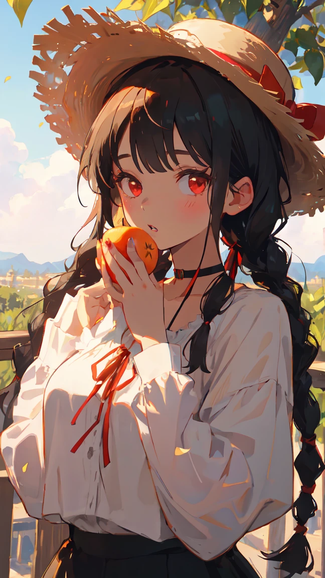 score_9, score_8_up, score_7_up, score_6_up, 1girl, solo, hat, food, choker, long hair, fruit, braid, straw hat, twin braids, red eyes, black choker, bangs, outdoors, red ribbon, upper body, ribbon, shirt, plant, leaf, hands up, looking at viewer, parted lips, hands on headwear