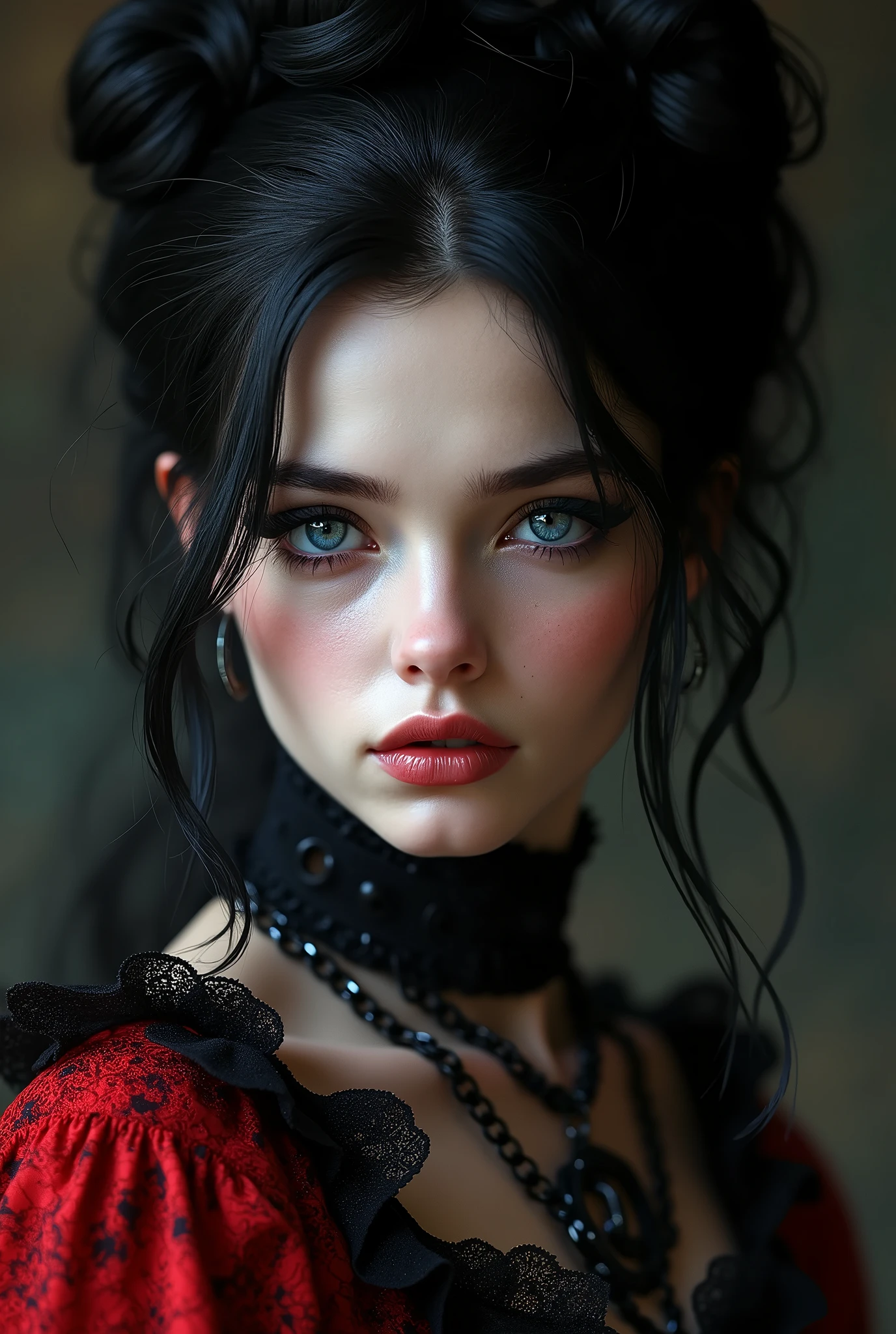 (masterpiece, photorealistic:1.4, extremely intricate:1.3), (photon mapping, radiosity, physically based rendering, ultra resolution, hyper-realistic, 8K), black hair updo goth girl, blackout eyeshadow, 19 teenage supermodel, high collar renaissance red lace dress, black lips, black collar, chains, bright blue eyes
