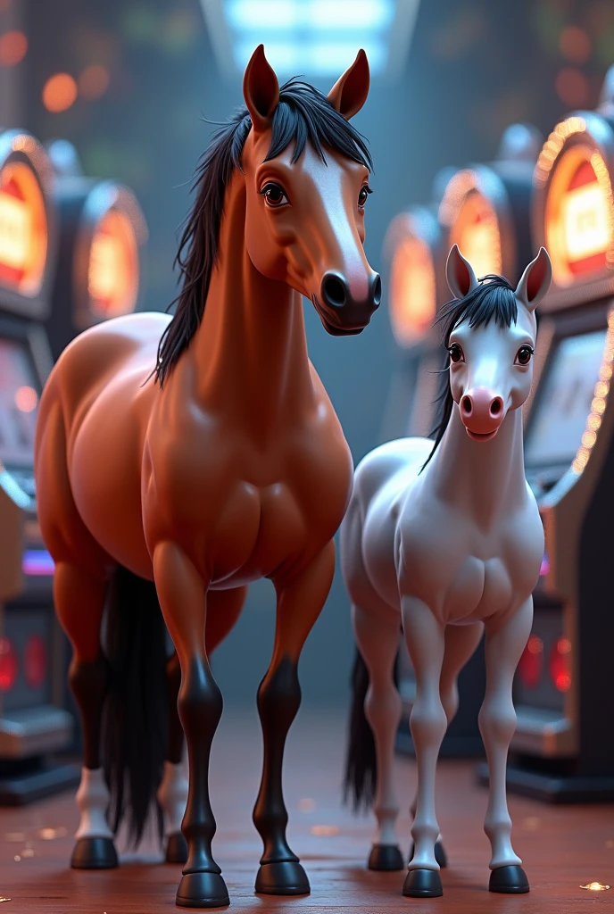 3D animation of a mare and her silver foal with the name on top. " Red Chili Perdomo" with silver letters and diamonds.
Silver slot machines in the background.