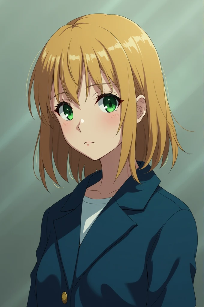 anime styling, A blonde woman with green eyes and straight hair with a sad expression wearing a blue coat