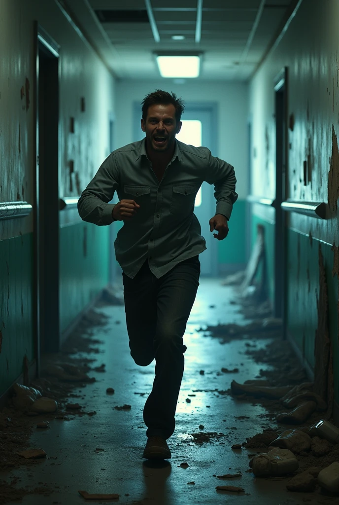 Abandoned hospital, man running down a hallway toward a door