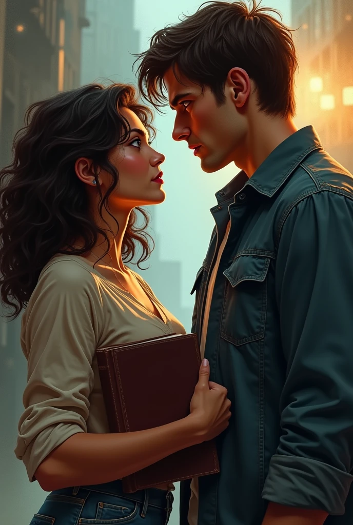 couple. Woman of , medium curly brown hair indigenous, Round face, full cheeks, eyes browns, in American college clothes, dainty, looking at him with an angry look, with books in your hands, and a tall man, stark, with a mischievous look, blue colored eyes, Medium Brown Hair, expert, 2, dark romance
