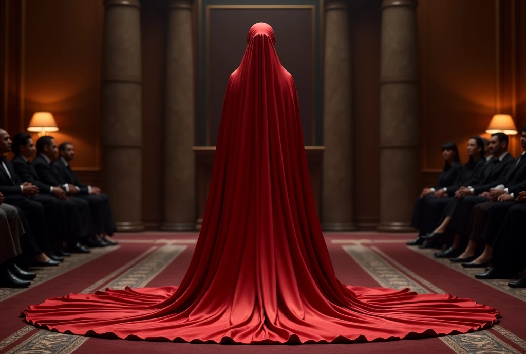 A woman shrouded in a 4-meter-long, plush red satin cloth, tightly bound and grandly draping along the form of her body, flowing off into a pooled floor-length train, styled in a mermaid with rufle botom inspiration outfit , her head modestly veiled in a satin hijab, tall woman, walking in office room, a full-body pose posing in front of people, captured in a 4k resolution, ultra-realistic