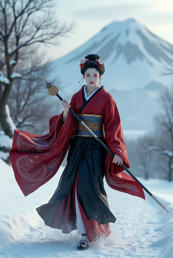 Generate me the image of a geisha, He wears black and red clothing with a spear, walking in the snow, High-level and realistic details