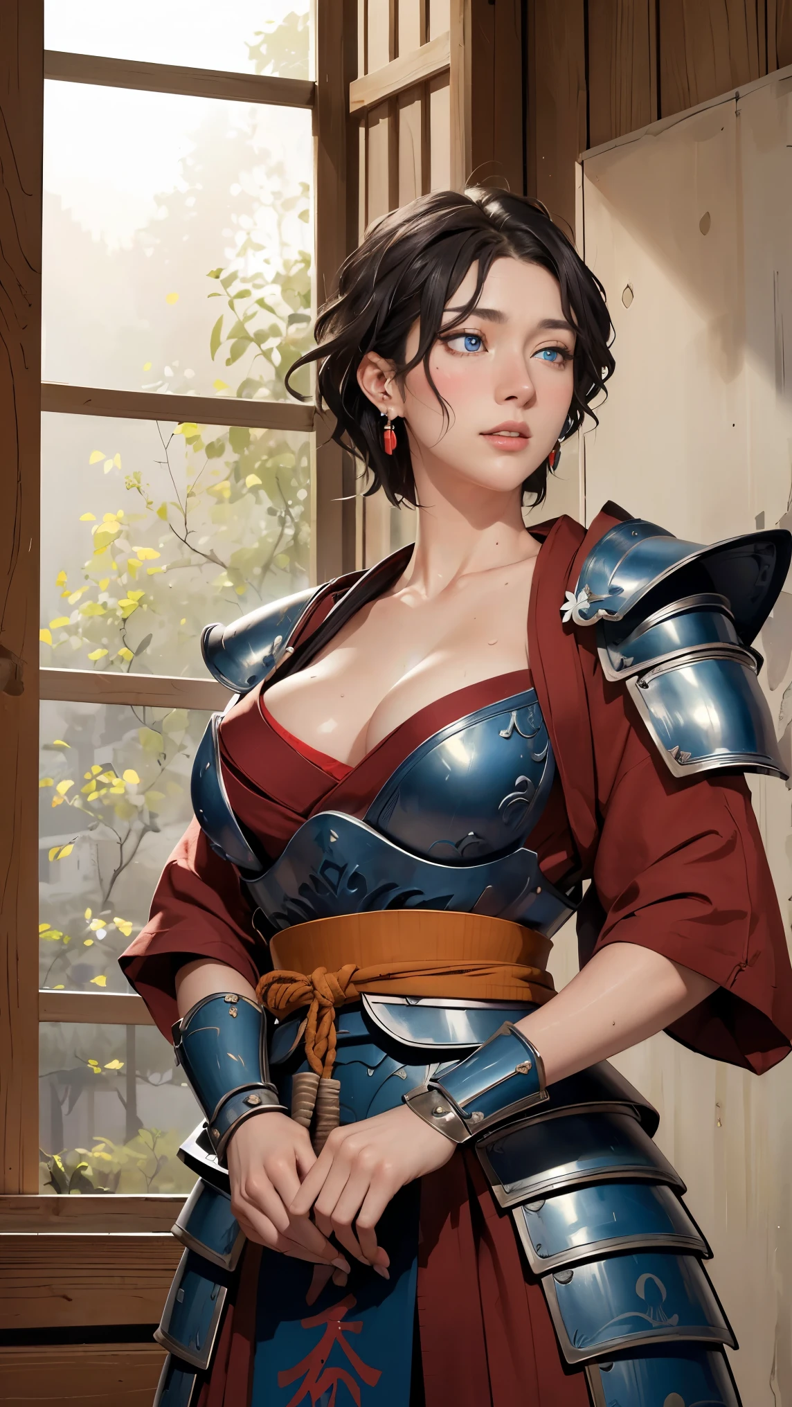 ((((masterpiece, best quality, high resolution)))), Extremely detailed 8K, Beautiful girl with voluptuous body, (Ultra HD, Ultra-detailed, Highly detailed, Highly realistic, Ultra-realistic, photograph realistic), (1girl:1.5), (Realistic black hair), (short wavy hair, earrings), (dynamic poses), facing at camera, looking at viewer, (blushing red, embarrassed), (blue eyes, sharp eyes), (perky breasts:1.2), (beautiful detailed face, beautiful detailed eyes), ((samurai metal armor, breasts plate)), (standing up), sweat, glow, (sunbeam, sunlight), ((cowboy shot)), inside dungeon, seductive