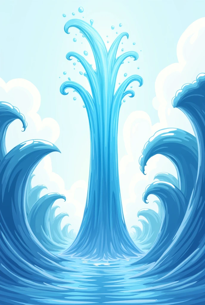 Please create a high-resolution image,Abstract stick cartoon。A spring of water gushed vertically upwards,Forming a water column。Create 3 splashes at the top of the water column。The waves are huge,Each wave is at a different height.。