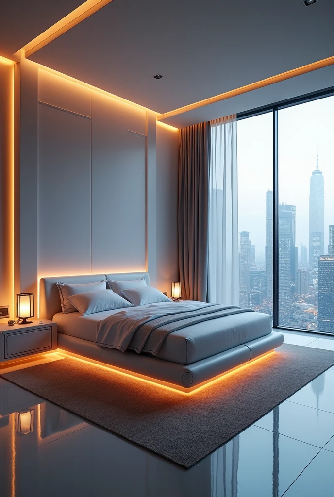 Imagine a futuristic bedroom that combines advanced technology with elegant design.. Here are some ideas for your unique room:
LED lighting: Use LED lights to create a warm and cozy atmosphere1.
High-tech bed: Invest in a bed with built-in speakers and massage function1.
Modern geometry: Opt for clean lines and geometric shapes for furniture and decoration.
contrasting colors: Combine light and dark tones for a striking effect.
panoramic windows: If possible, Add large windows for a futuristic view.