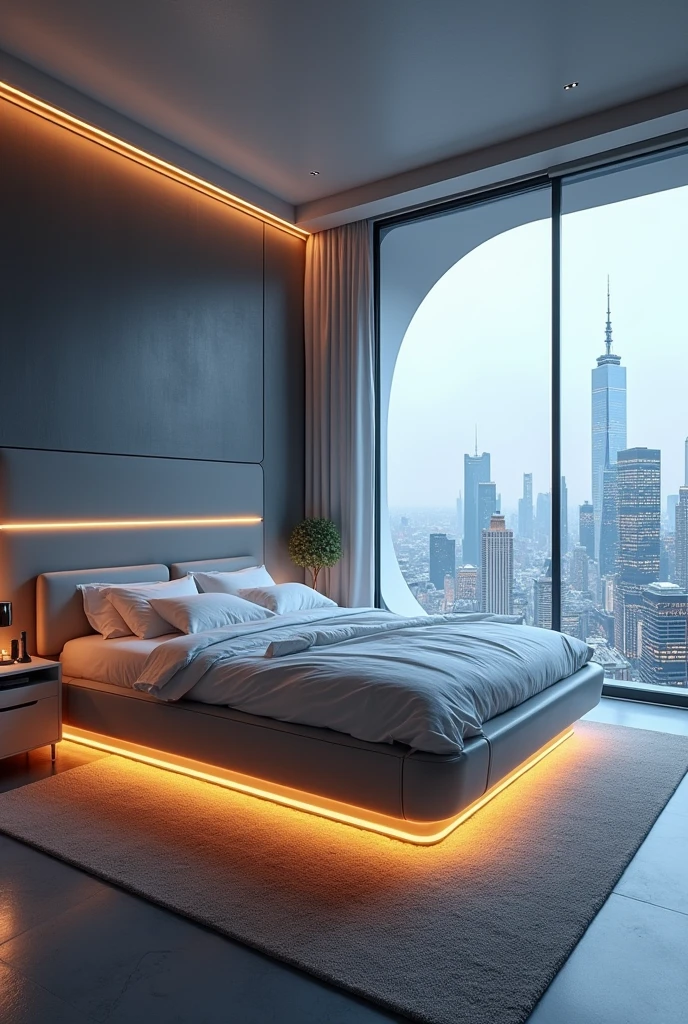 Imagine a futuristic bedroom that combines advanced technology with elegant design.. Here are some ideas for your unique room:
LED lighting: Use LED lights to create a warm and cozy atmosphere1.
High-tech bed: Invest in a bed with built-in speakers and massage function1.
Modern geometry: Opt for clean lines and geometric shapes for furniture and decoration.
contrasting colors: Combine light and dark tones for a striking effect.
panoramic windows: If possible, Add large windows for a futuristic view.