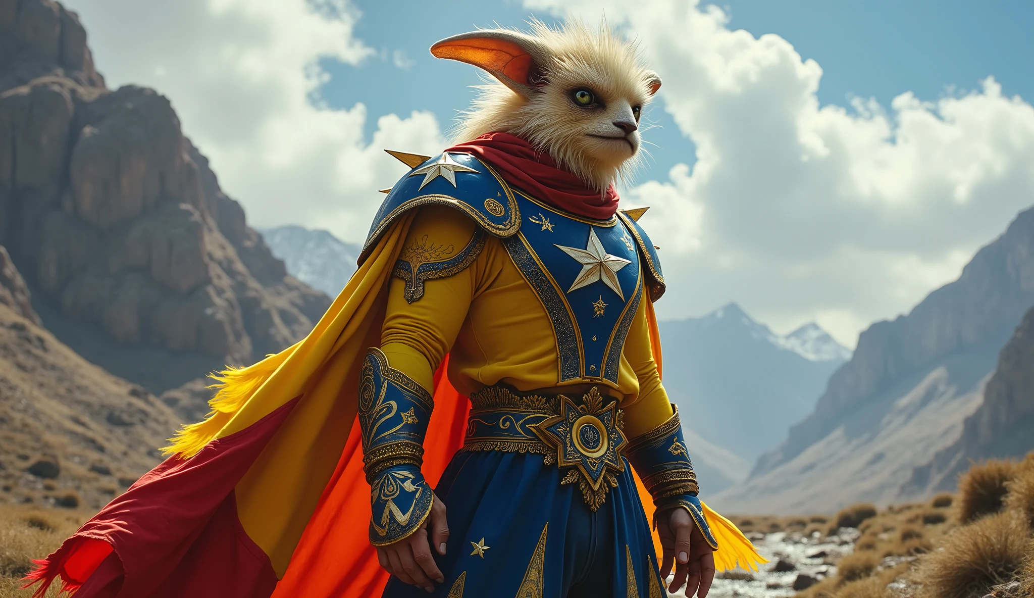 Venezuela as a southamerican League of Legend creature in yellow, blue and red colors with white five-pointed stars. Intricated clothing. Cinematic Fantasy sci-fi landscape background