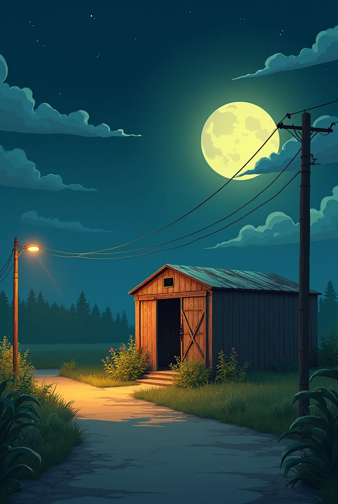 An aged metal shed, a little rusty and with a door in front, surrounded by neglected plants and crops, like dark green overgrowths.
The shed and the crops are next to the lonely road, paved but lonely, no one passes by, no one is nearby.
The entire scene is illuminated by the faint white moon with yellowish touches, which is located between weak clouds and surrounded by a lonely, clear sky.
It's late night, it should be noted.
The image must be surrounded by a strange mysticism, like a lonely feeling, of knowing that no one is around, it must be somewhere between peaceful and solitary.
The image must maintain a cartoonish but 3D style, like animated movies.