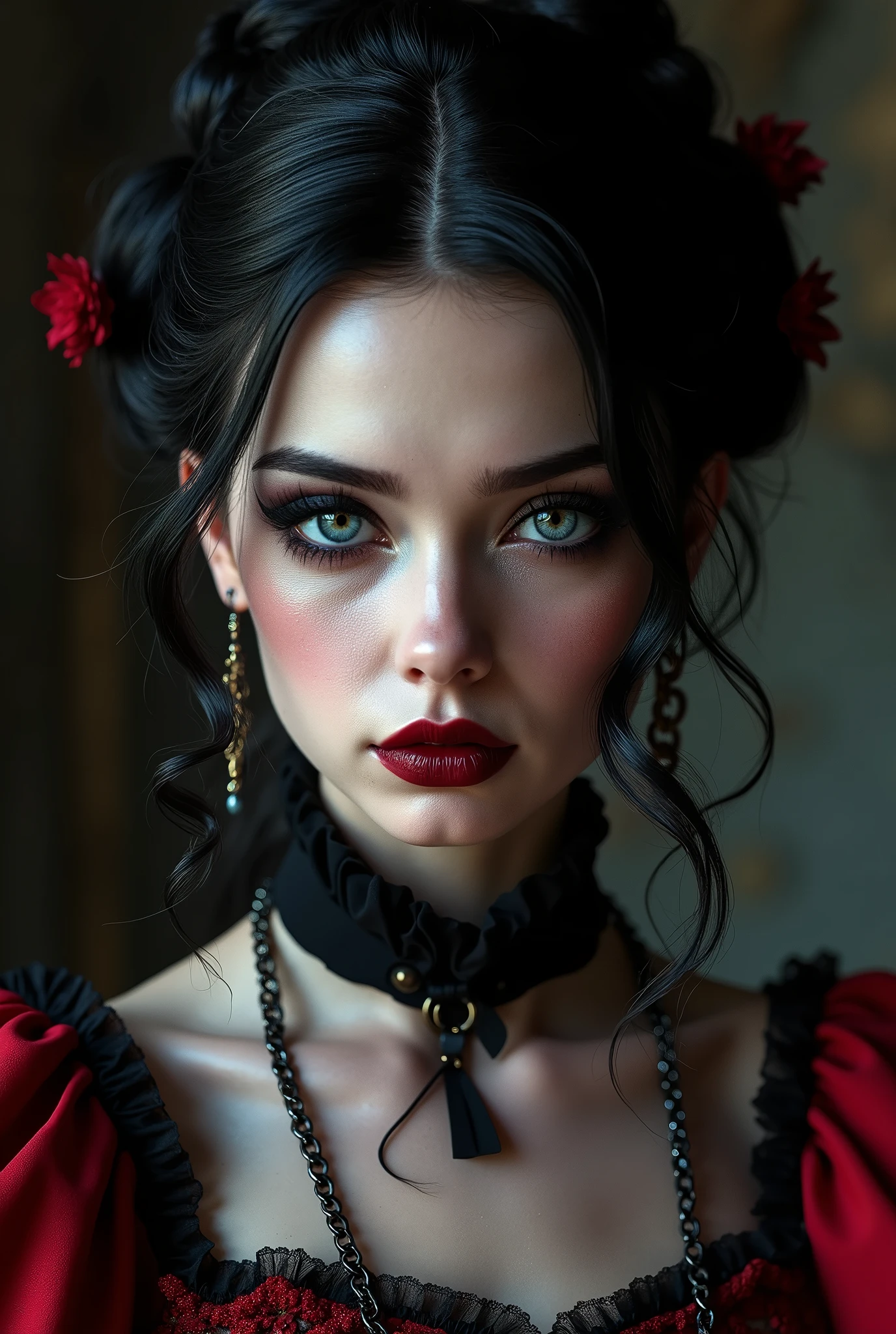 (masterpiece, photorealistic:1.4, extremely intricate:1.3), (photon mapping, radiosity, physically based rendering, ultra resolution, hyper-realistic, 8K), black hair updo goth girl, blackout eyeshadow, 19 age supermodel, high collar renaissance red lace dress, black lips, black collar, chains, bright blue eyes