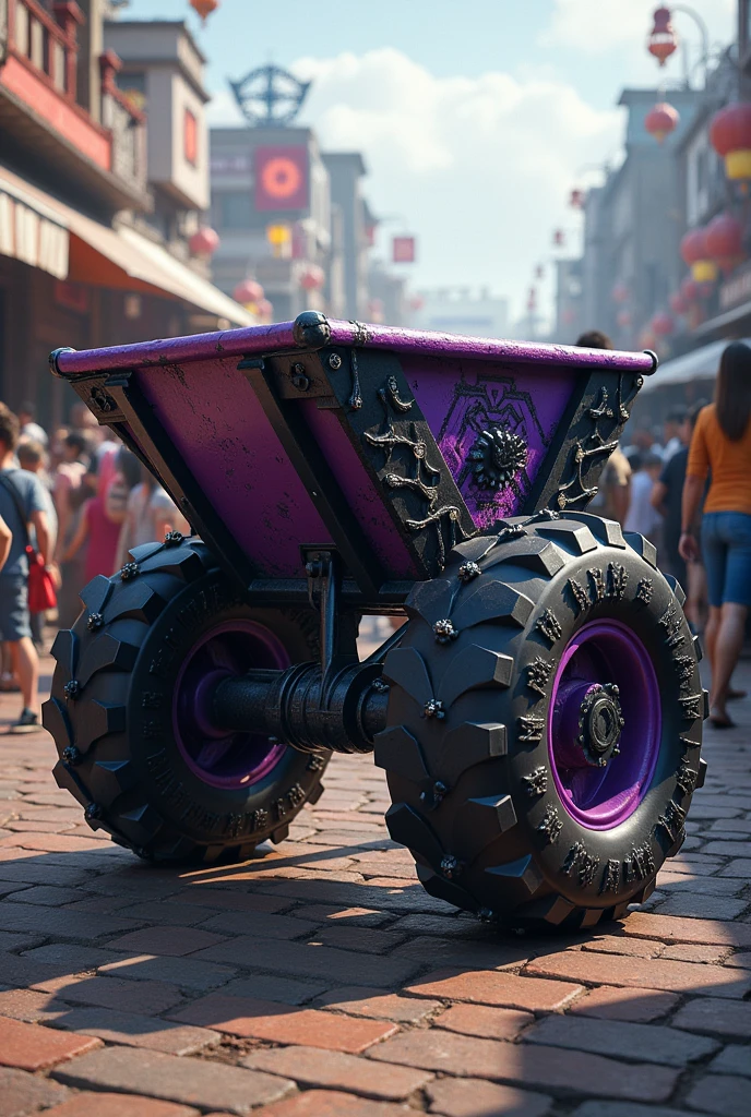 A big foot greep wheel, black tint with purple color paint wheel barrow in a market with crowds of people around