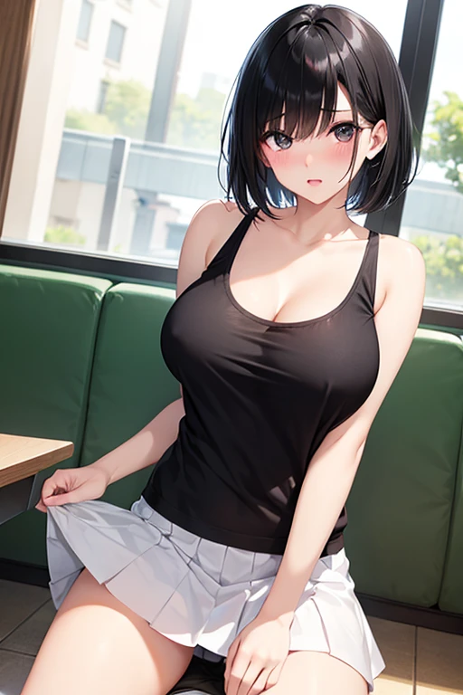 Mature、Black hair straight、short hair、Remove eye highlights、Blushing、Open your mouth、Spread your legs、Miniskirt、Tank top、Show your breasts