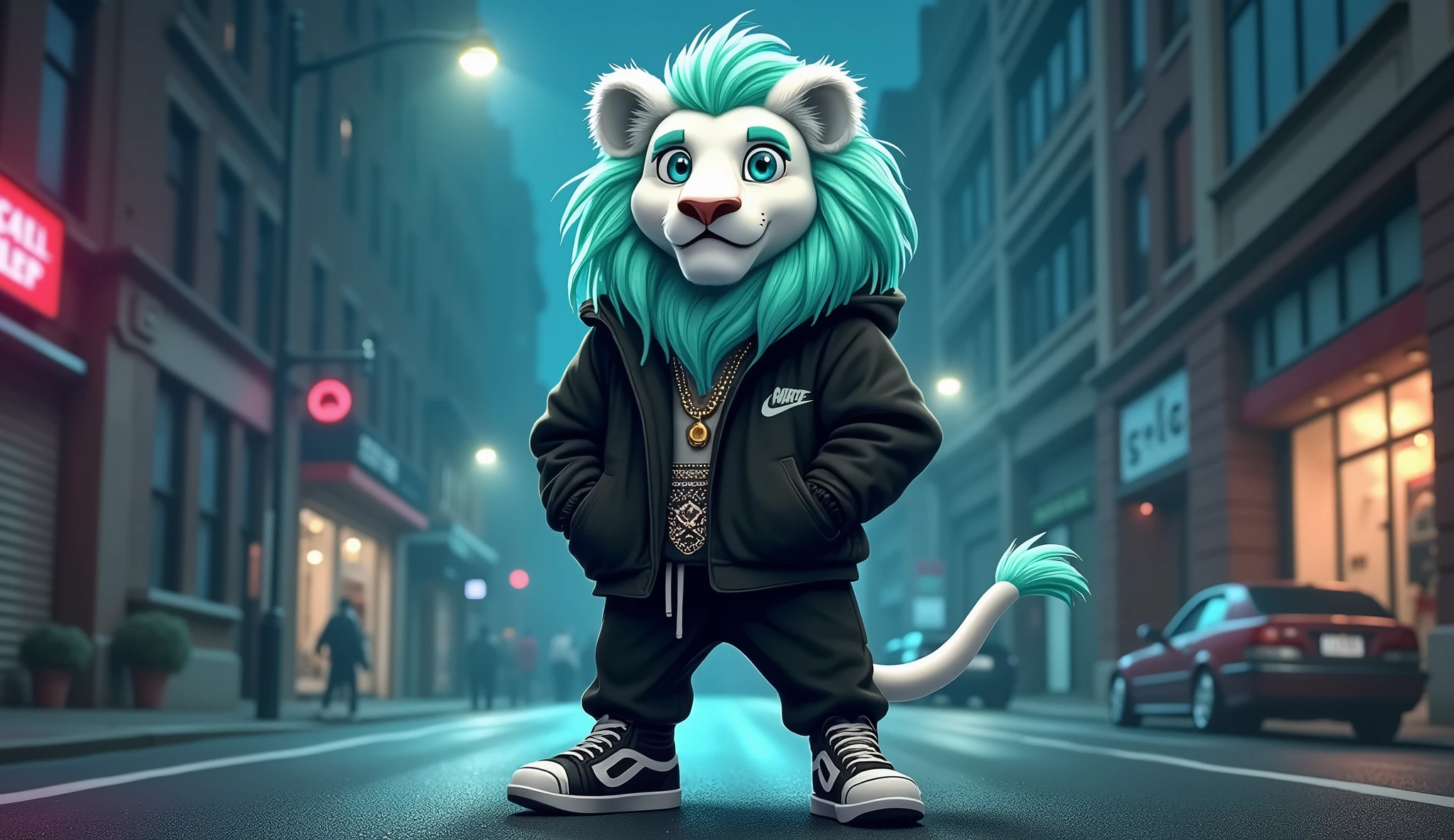White lion with aquamarine green mane and aquamarine green eyes in the style of a cartoon Pixar, dressed in a black jacket and black pants, looking like a rapper standing on two legs on the street at night with an urban background that gets publicity.