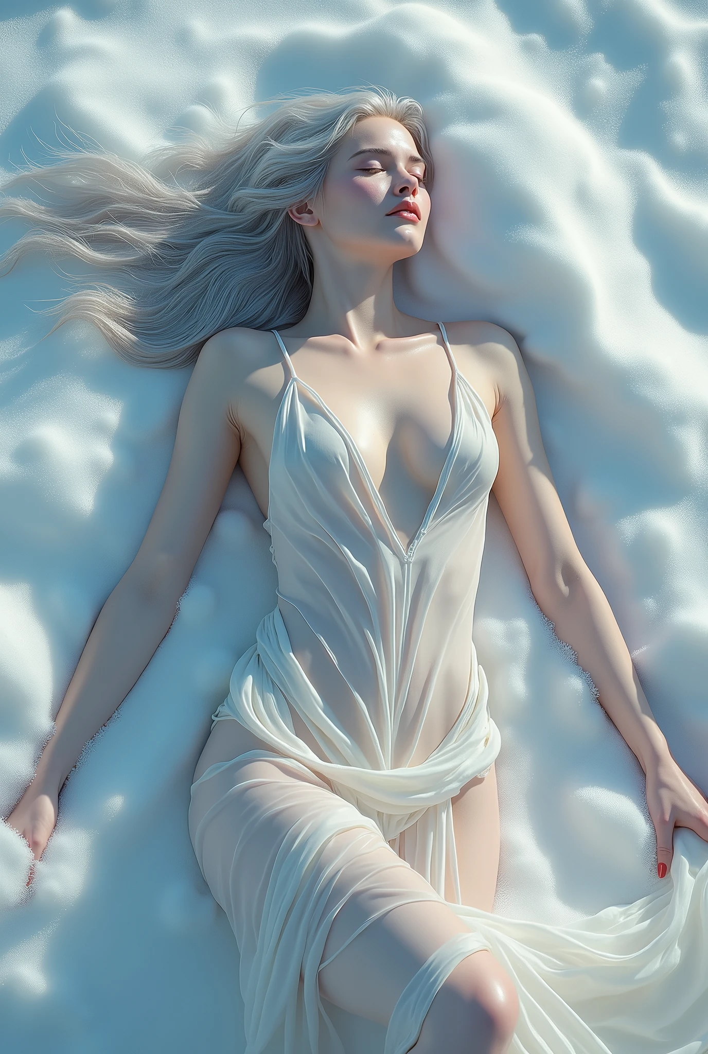 a serene winter landscape, a very fresh beauty with silver hair sleeping in the snow, ethereal and revealing outfit, full body view, high angle shot, (best quality,8k,highres,masterpiece:1.2),ultra-detailed,realistic,photorealistic,photo-realistic:1.37,HDR,UHD,studio lighting,extremely detailed,professional,vivid colors,dramatic lighting.