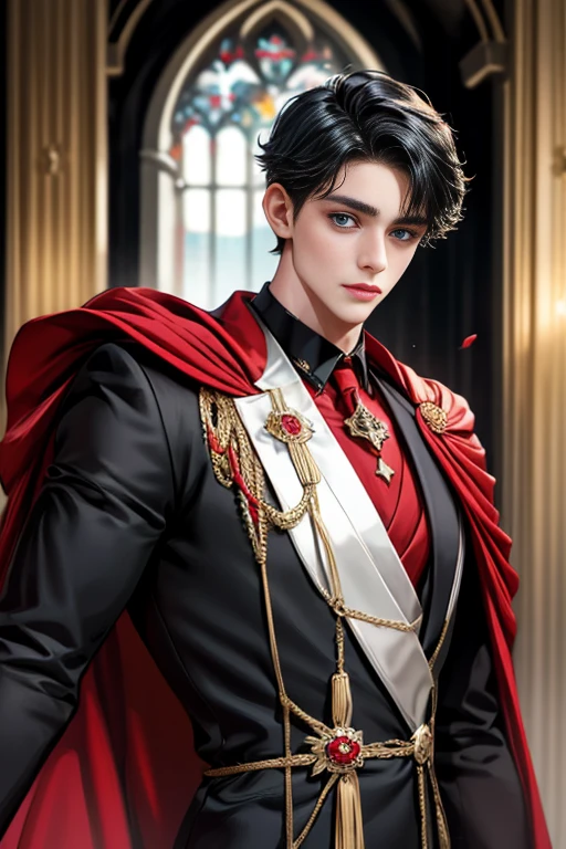 masterpiece, 最high quality, high quality, 1 boy, alone, Male focus, Upper Body,Watching the audience, Messy black hair, Adorable big blue eyes, White, Noble, Noble,A black and red cape that is bursting with sexy volume、Tuxedo、A very voluminous, large, very large, very large, long, long red and black cape with a high stand-up collar, made of a lot of fabric that reaches down to the floor., ,cute beautiful,Cute, cute, kind, handsome guy