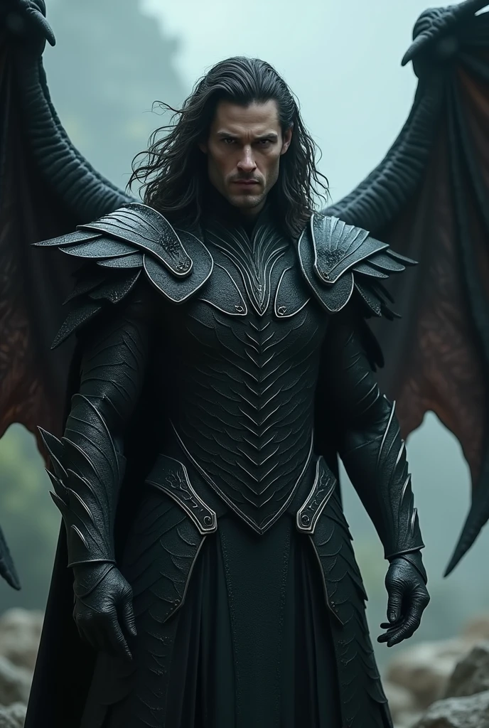 A man in black armor、With dragon scale details、With dragon wings、Man with vampire teeth and long black wavy hair
