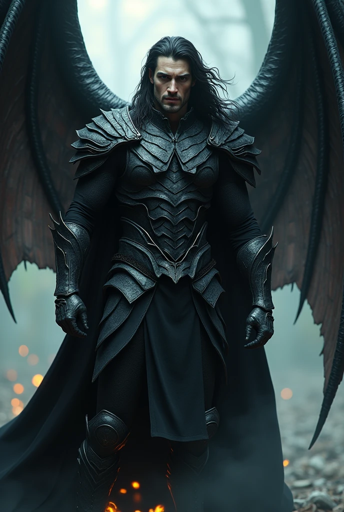 A man in black armor、With dragon scale details、With dragon wings、Man with vampire teeth and long black wavy hair