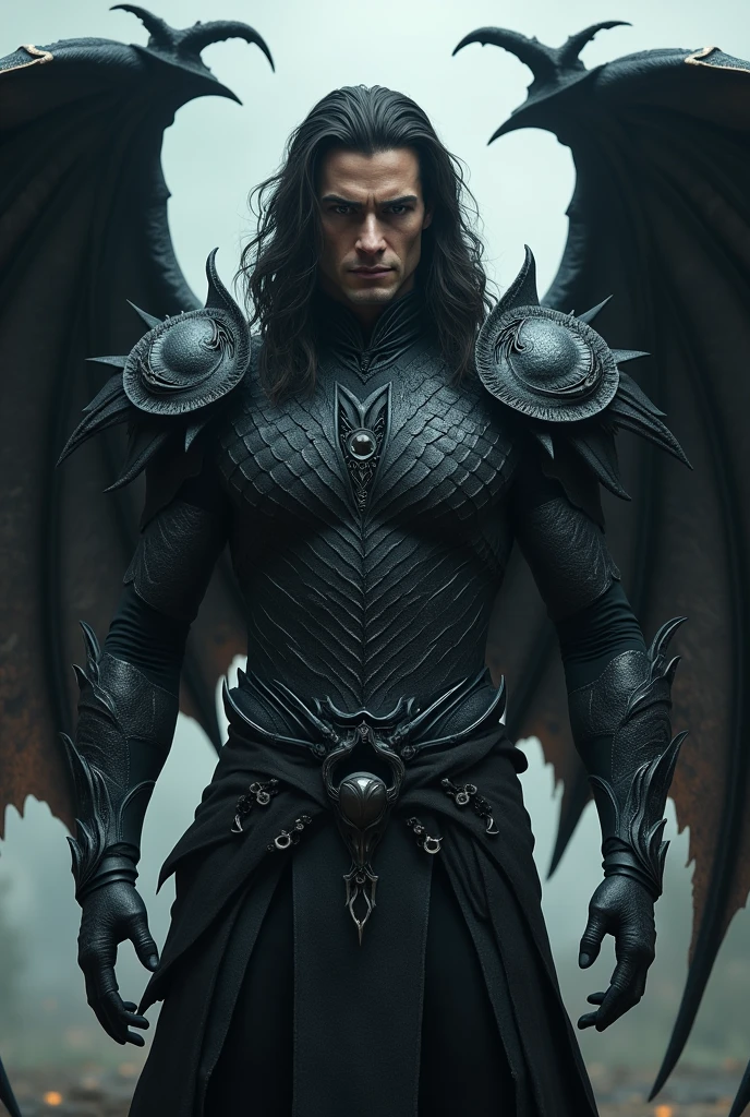 A man in black armor、With dragon scale details、With dragon wings、Man with vampire teeth and long black wavy hair