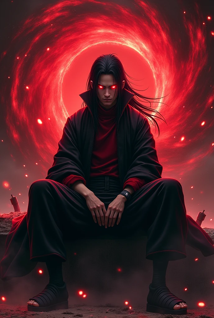  "A dynamic and intense image of Madara Uchiha from the anime Naruto Shippuden. He is sitting in a powerful, menacing pose with his legs crossed and his arms resting on his knees. Madara is wearing his traditional black and red samurai-like armor. His Rinnegan and Sharingan eyes are glowing with energy, creating an ominous and powerful aura around him. Behind him, a large, swirling vortex of red and black energy fills the background, adding a sense of chaos and power. The overall color scheme is dark, with strong contrasts of red, black, and white, and there are energy sparks and debris around him, emphasizing the intensity of the scene. The lighting is dramatic, highlighting Madara's face and armor, with shadows enhancing his fierce expression."