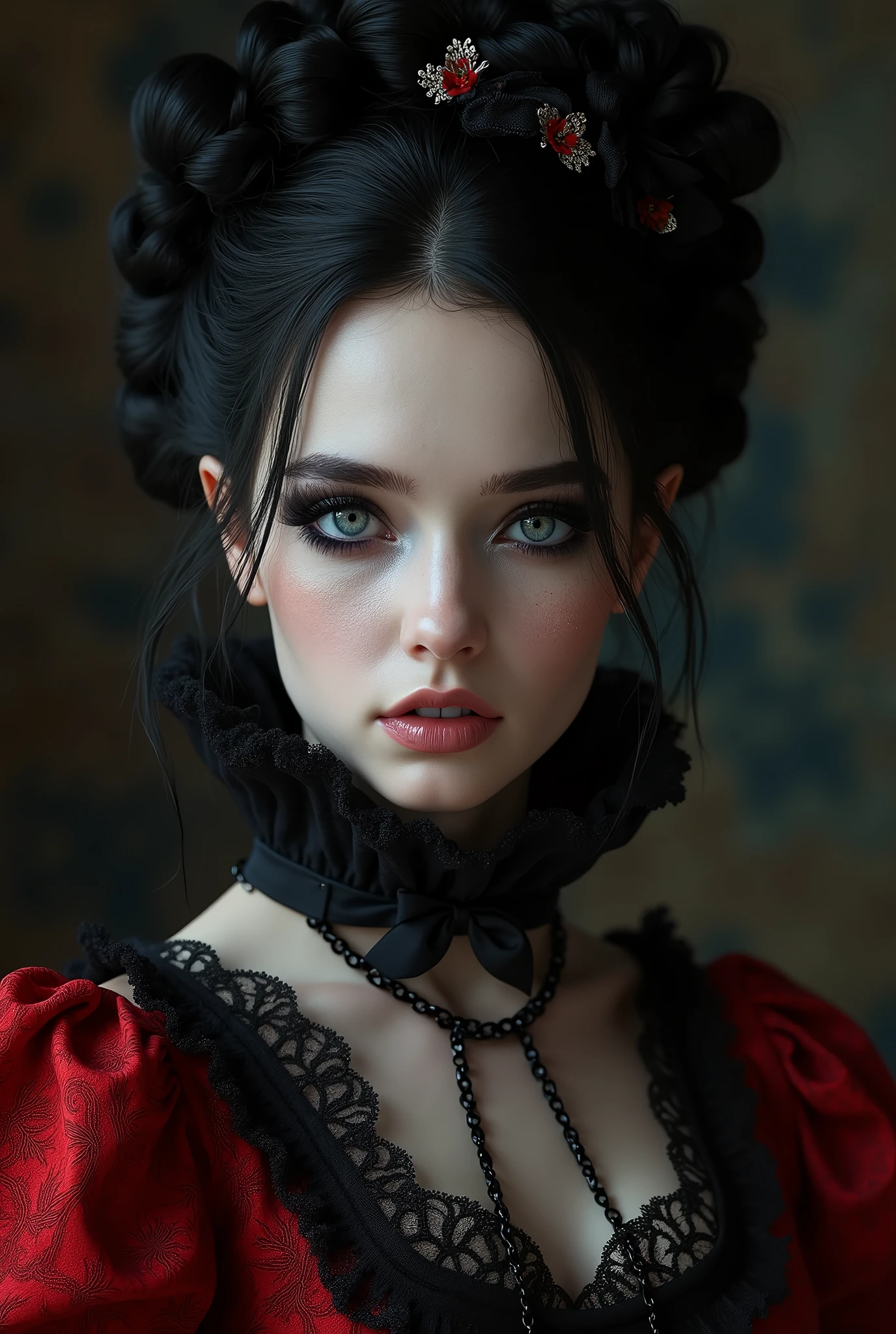 (masterpiece, photorealistic:1.4, extremely intricate:1.3), (photon mapping, radiosity, physically based rendering, ultra resolution, hyper-realistic, 8K), black hair updo goth girl, blackout eyeshadow, 19 age supermodel, high collar renaissance red lace dress, black lips, black collar, chains, bright blue eyes