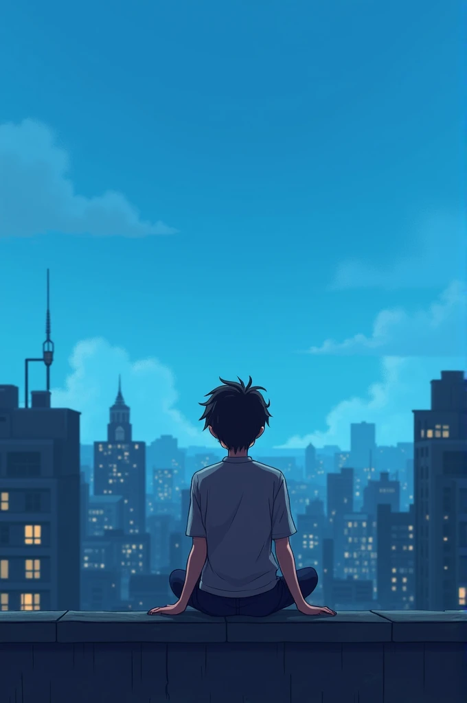 Make me the image of a teenager sitting on the roof of a building looking at the blue sky with some city in the background seen from behind, all in pixel art with a dark filter to give it melancholy