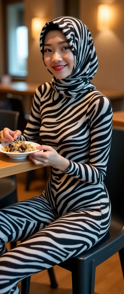 The most beautiful,thin,most pretty and clever Asian muslimah adult girl wears plains zebra lycra turtleneck unitard catsuit covered with stripes.She always wear plains zebra print lycra dancewear stretchy hijab covered with many stripes.She is sitting on the plastic chair and eats mussels at the hotel.