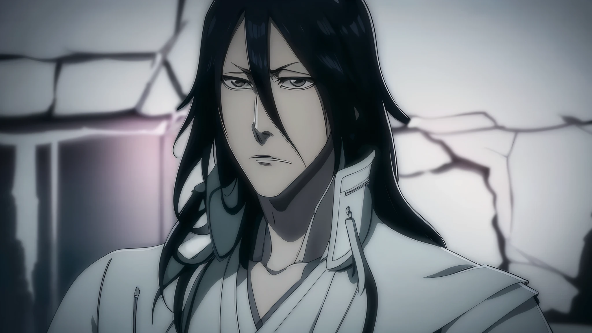 Byakuya Kuchiki from Bleach, handsome, male, black hair, medium-long hair, face detailed, perfect eyes,black clothes, white jacket, pale skin, ((best quality)), ((master part)), ((detailed)), 16k, HDR, RTX, (masterpiece, aesthetic: 1.3), (1 man), perfect hands, (dynamic pose:1.2), close-up, portrait.