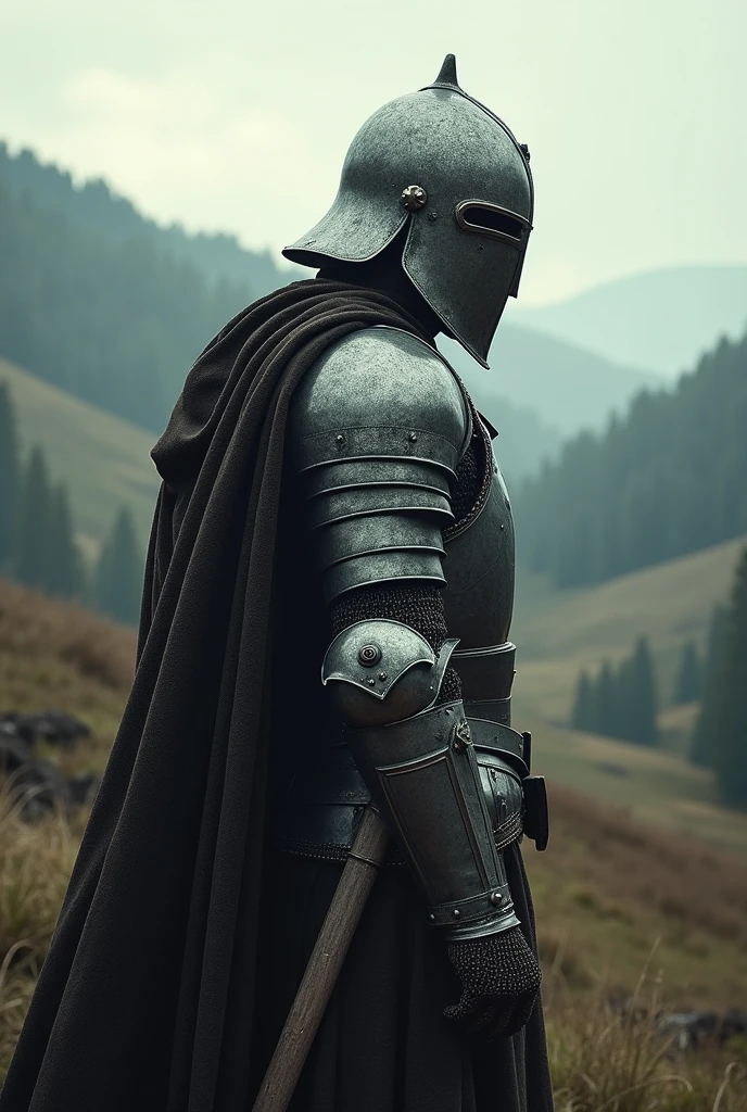 Medieval warrior from behind turning his head (He is wearing a helmet that covers his entire face) On the right