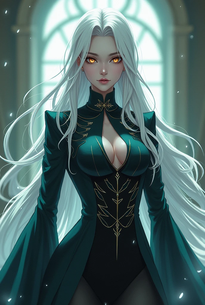 Create an 1 jujutsu kaisen woman with long white hair, golden eyes and pale white skin, wearing the sorcery uniform 