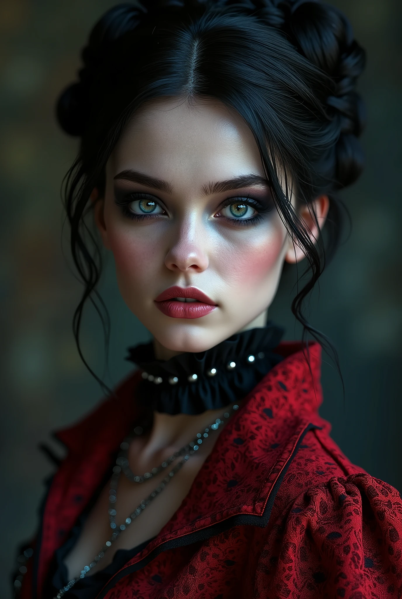 (masterpiece, photorealistic:1.4, extremely intricate:1.3), (photon mapping, radiosity, physically based rendering, ultra resolution, hyper-realistic, 8K), black hair updo goth girl, blackout eyeshadow, 19 teenage supermodel, high collar renaissance red lace dress, black lips, black collar, chains, bright blue eyes