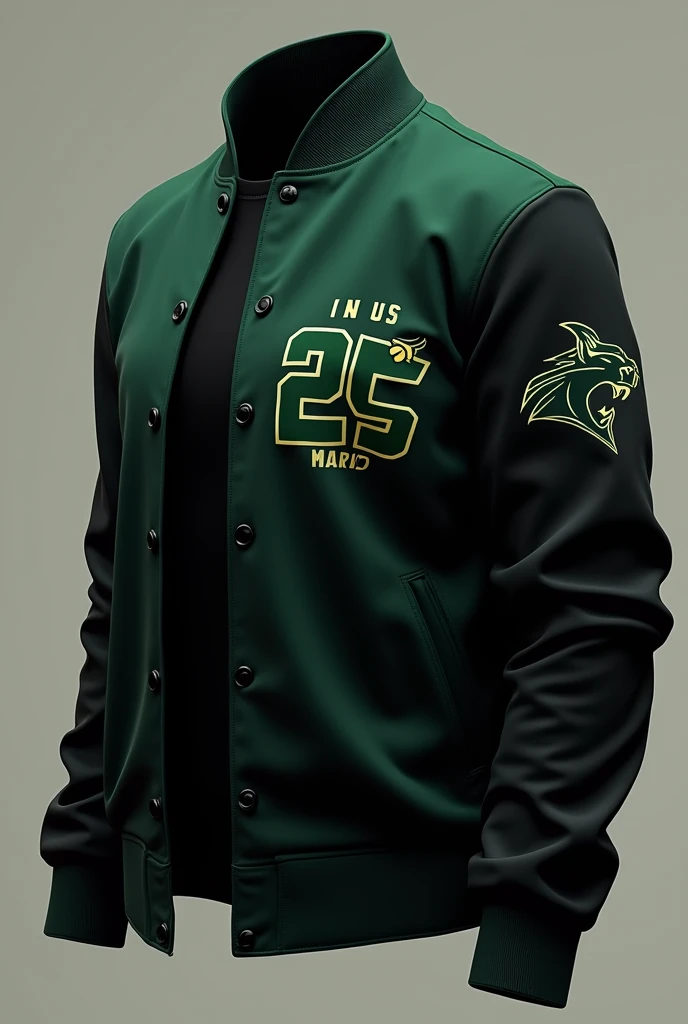 Varsity jacket negra , very small touches of green for a school with the number 25 on the left arm and a small panther somewhere on the sleeve, that the sleeves are BLACK COLOR