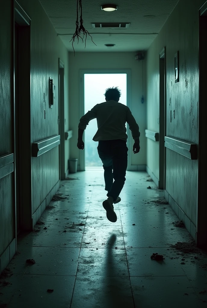 Abandoned hospital, man running down a hallway towards a door with his back turned 