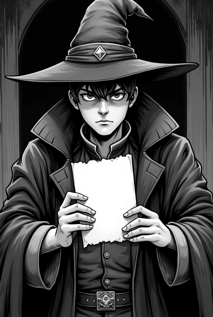 The magician hands him the letter and tells him to go to Eldrador, That the letter contains instructions on what Asher should do when he gets there and he should open it there and apart from that he gives me another letter for him.
Black and white manga style drawing