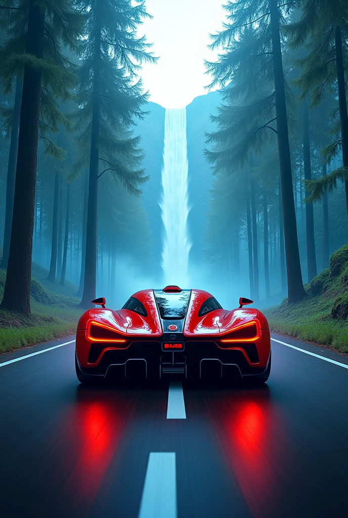 Koenigsegg jesko car in red colour driving with blue trees with water fall 