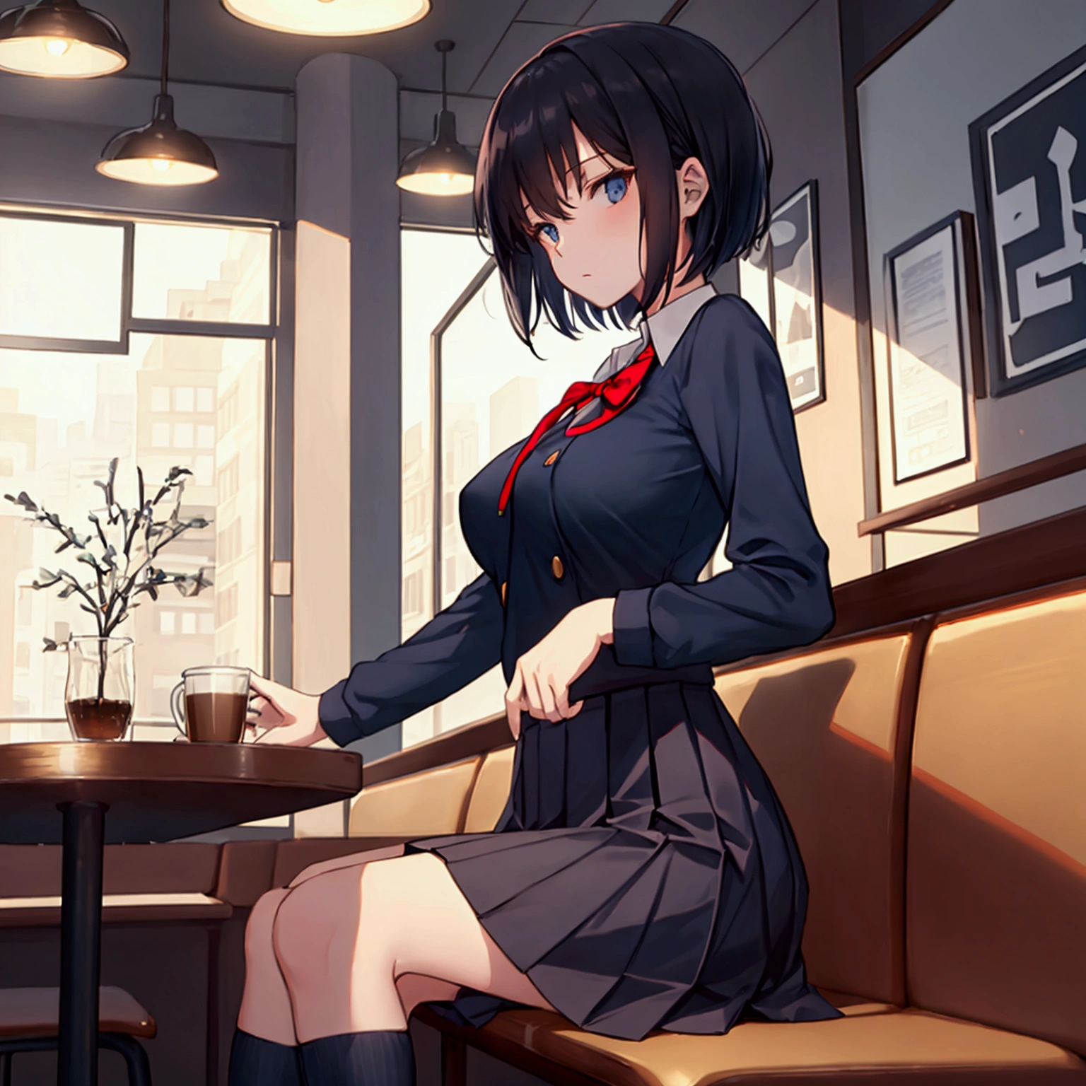 Coffee shop background, school uniform, dark blue uniform, 1woman, solo, dark hair, short hair, shining hair, medium-large breast, sitting behind table, facing viewer, arrogant, 
