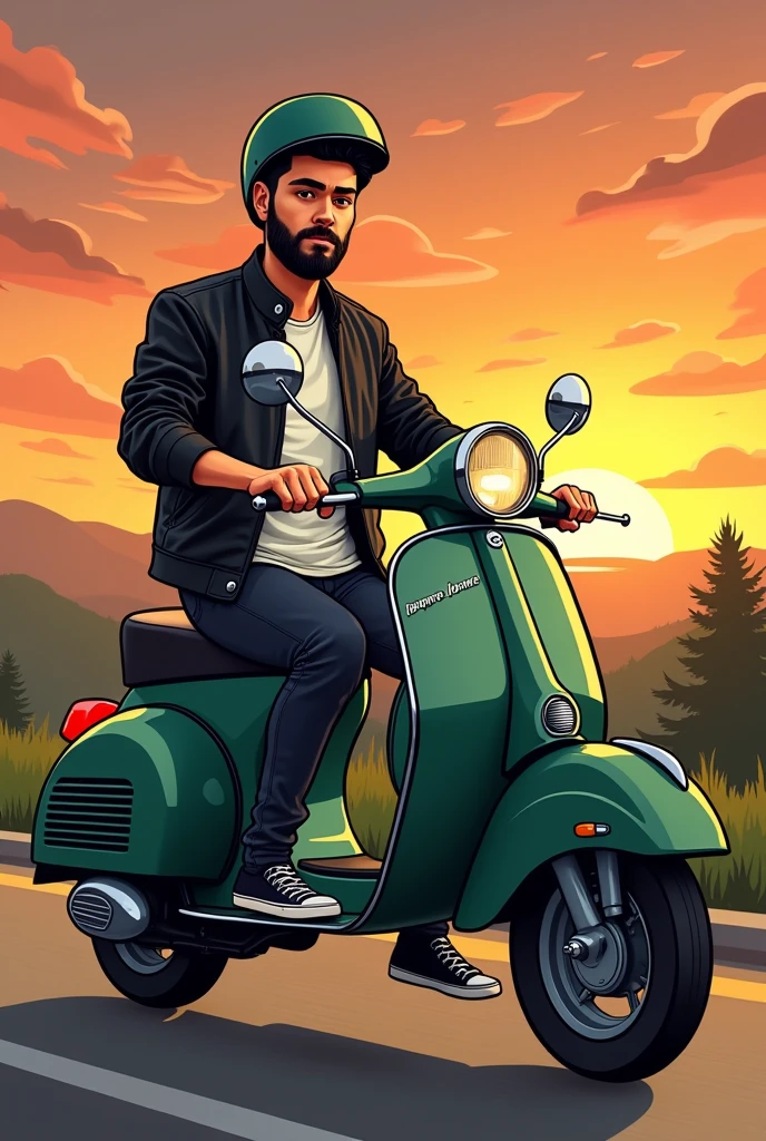 Image of a cartoon-type boy on a classic dark green matte Vespa motorbike, the boy has a full black beard , thin eyebrows, black eyes, short black hair short straight, square face, the photo in a background landscape with a sunset, Biker photo type the guy with a leather jacket and a white t-shirt inside, The black leather jacket half open revealing the t-shirt, black jeans and vans style shoes , the thin boy. He has black rings on both ring fingers of his hands.. With a vintage helmet of the same color as the motorcycle