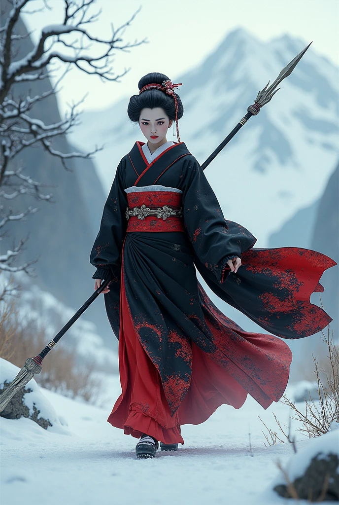 Generate me the image of a geisha, He wears black and red clothing with a spear, walking in the snow, High-level and realistic details