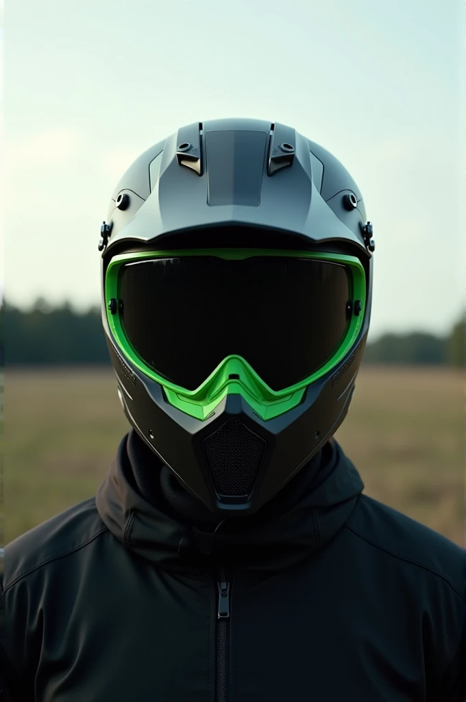 Imagine a selfie with a realistic full-face motocross helmet, Black color with green details in ,open landscape, distant trees 