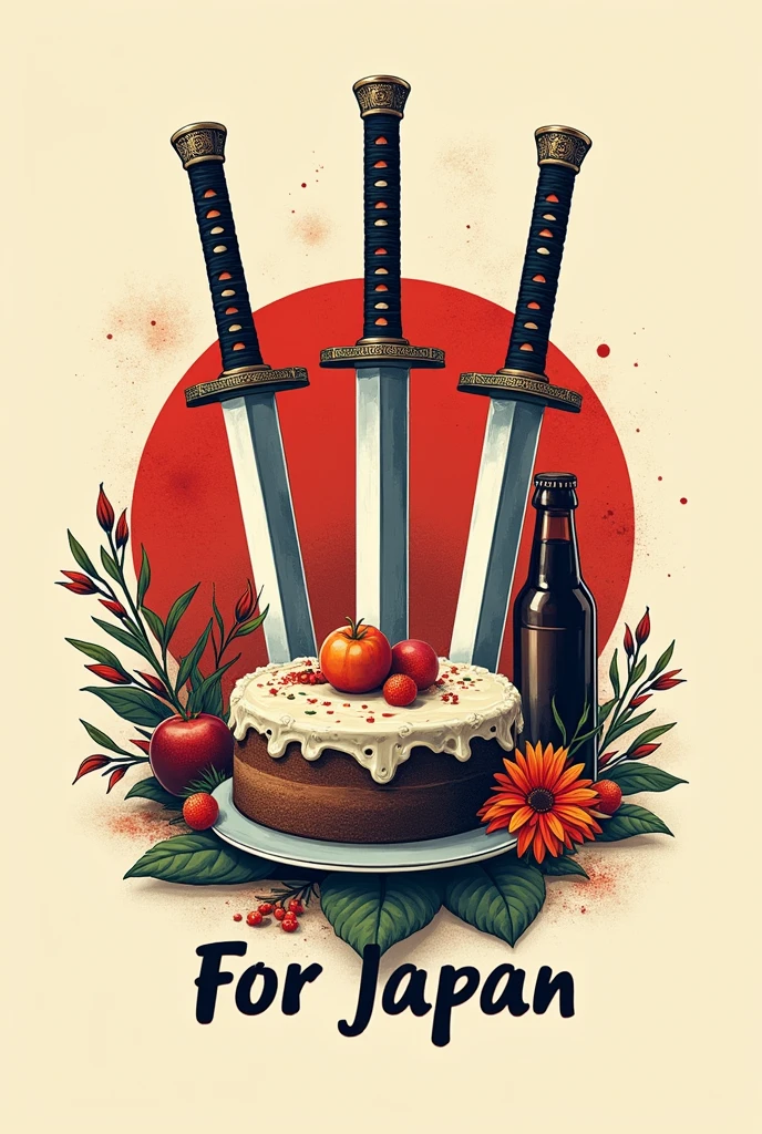 Create a logo with design references "One piece" for a restaurant with mixed cultures being oriental and Italian culture, fair cake, Italian mass, Indian spices, beer bottle, three swords and the store name in the logo "For Japan"