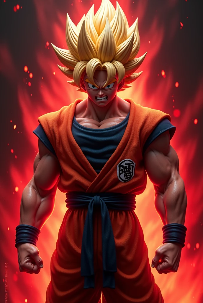 Goku anime with red and black background very angry in 3d 