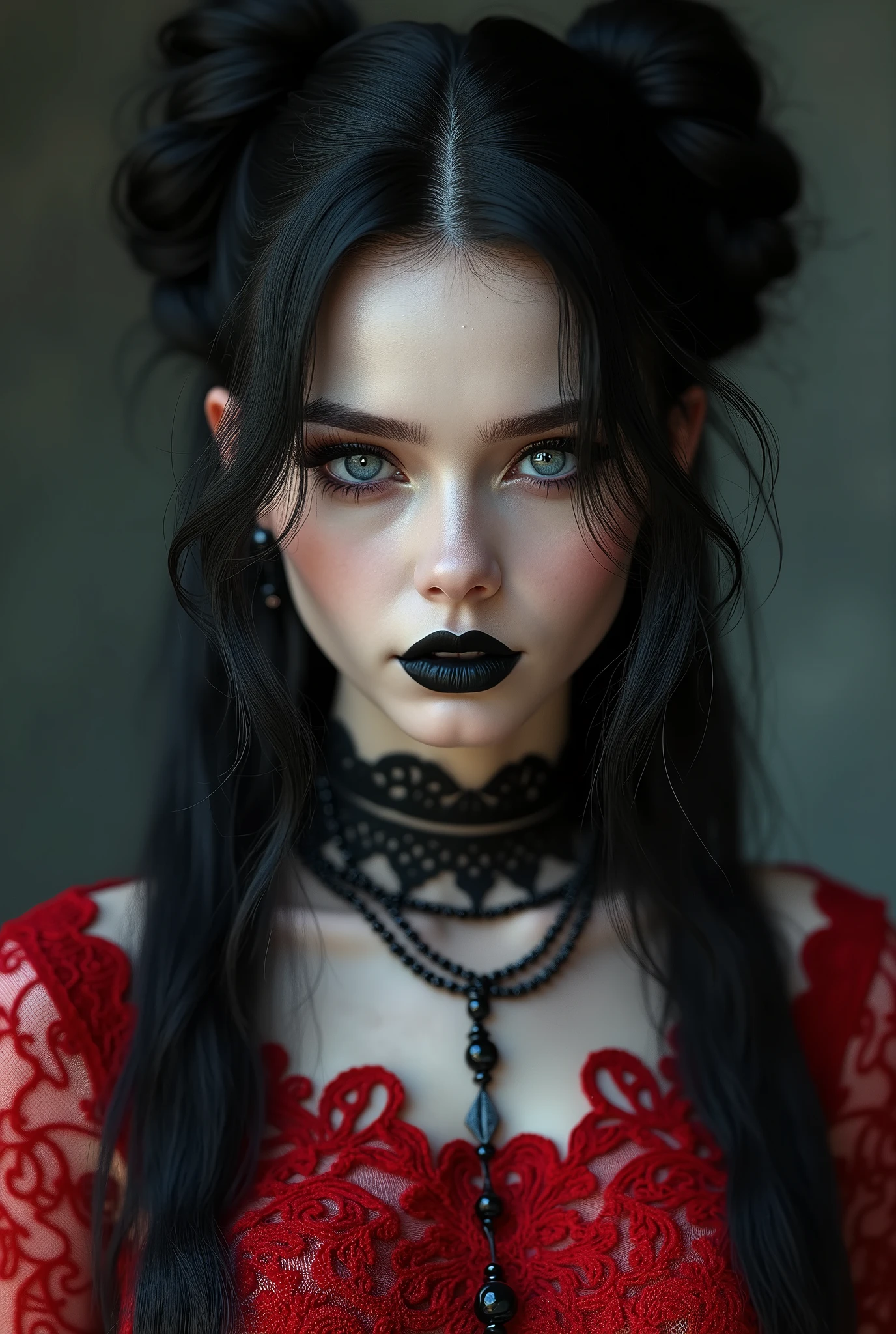 (masterpiece, photorealistic:1.4, extremely intricate:1.3), (photon mapping, radiosity, physically based rendering, ultra resolution, hyper-realistic, 8K), black hair updo goth girl, blackout eyeshadow, 19 age supermodel, red lace dress, black lips, black collar, chains, bright blue eyes